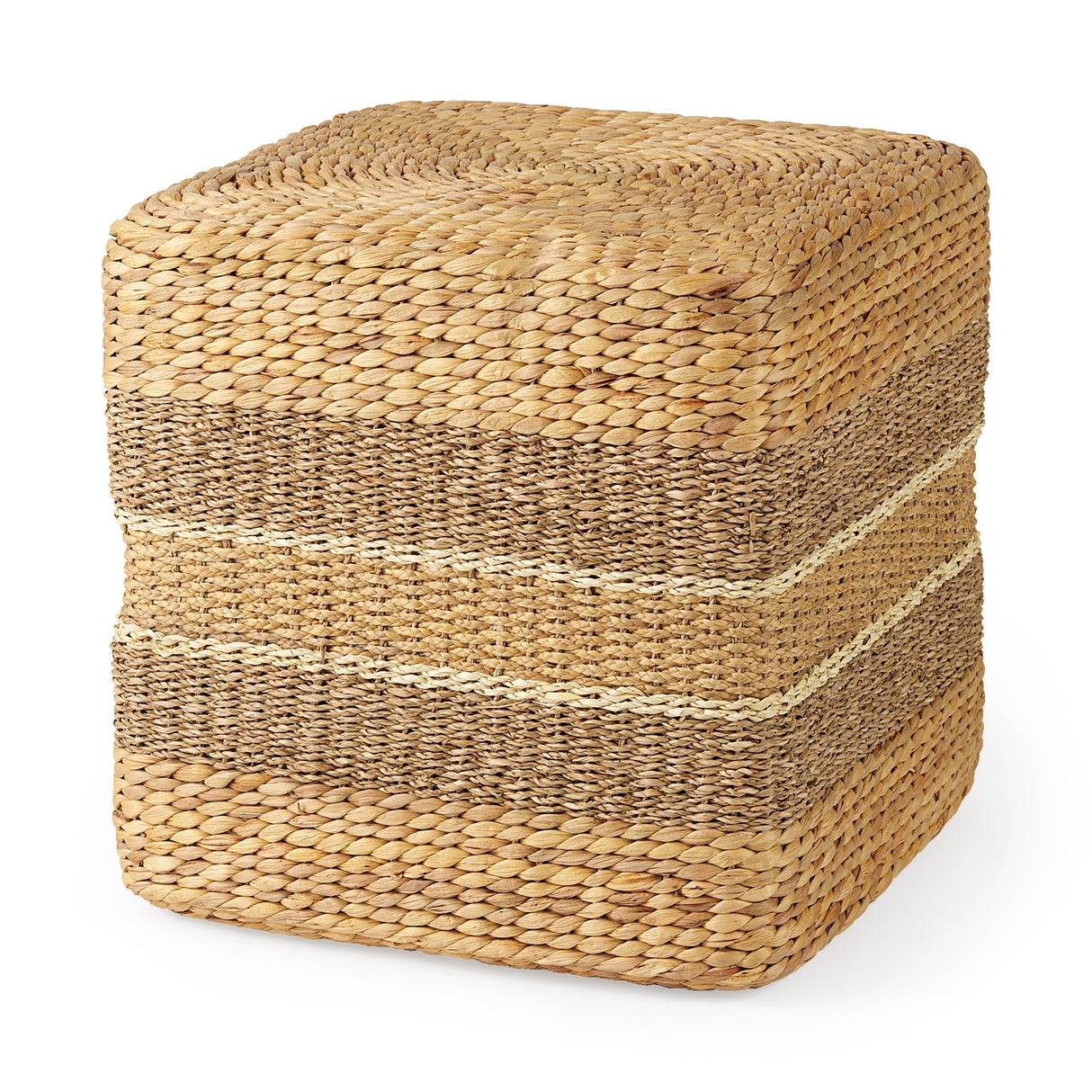 Maya 17.7L x 17.7W x 17.7H Light Brown W/Medium Brown Stripes Seagrass Square Pouf by Mercana at Eve Furniture