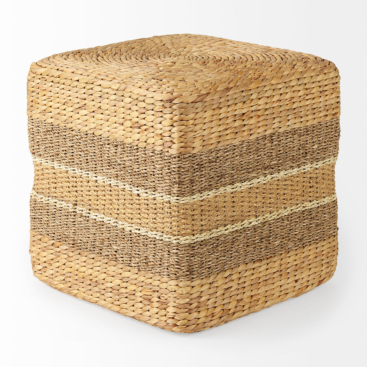 Maya Light Brown W/Medium Brown Stripes Seagrass Square Pouf by Mercana at Eve Furniture
