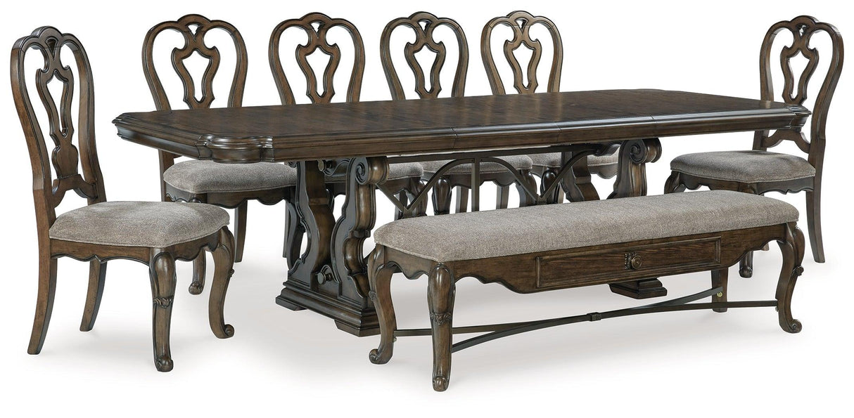 Maylee Dark Brown Dining Table and 6 Chairs and Bench by Ashley at Eve Furniture