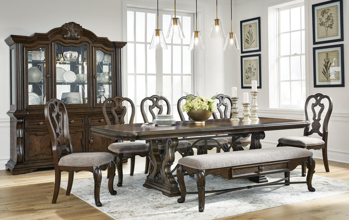 Maylee Dark Brown Dining Table and 6 Chairs and Bench by Ashley at Eve Furniture