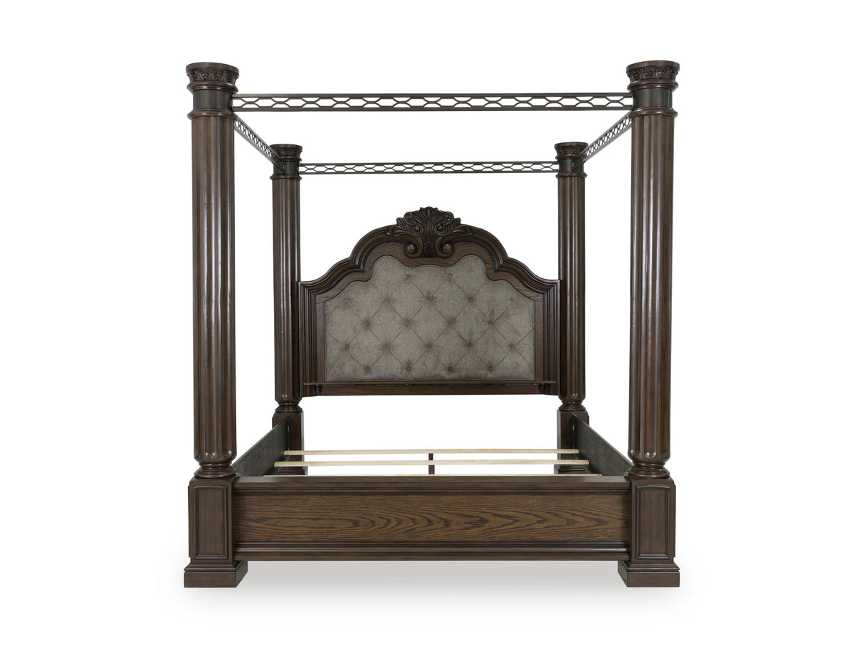 Maylee Dark Brown Upholstered Canopy Bedroom Set by Ashley at Eve Furniture