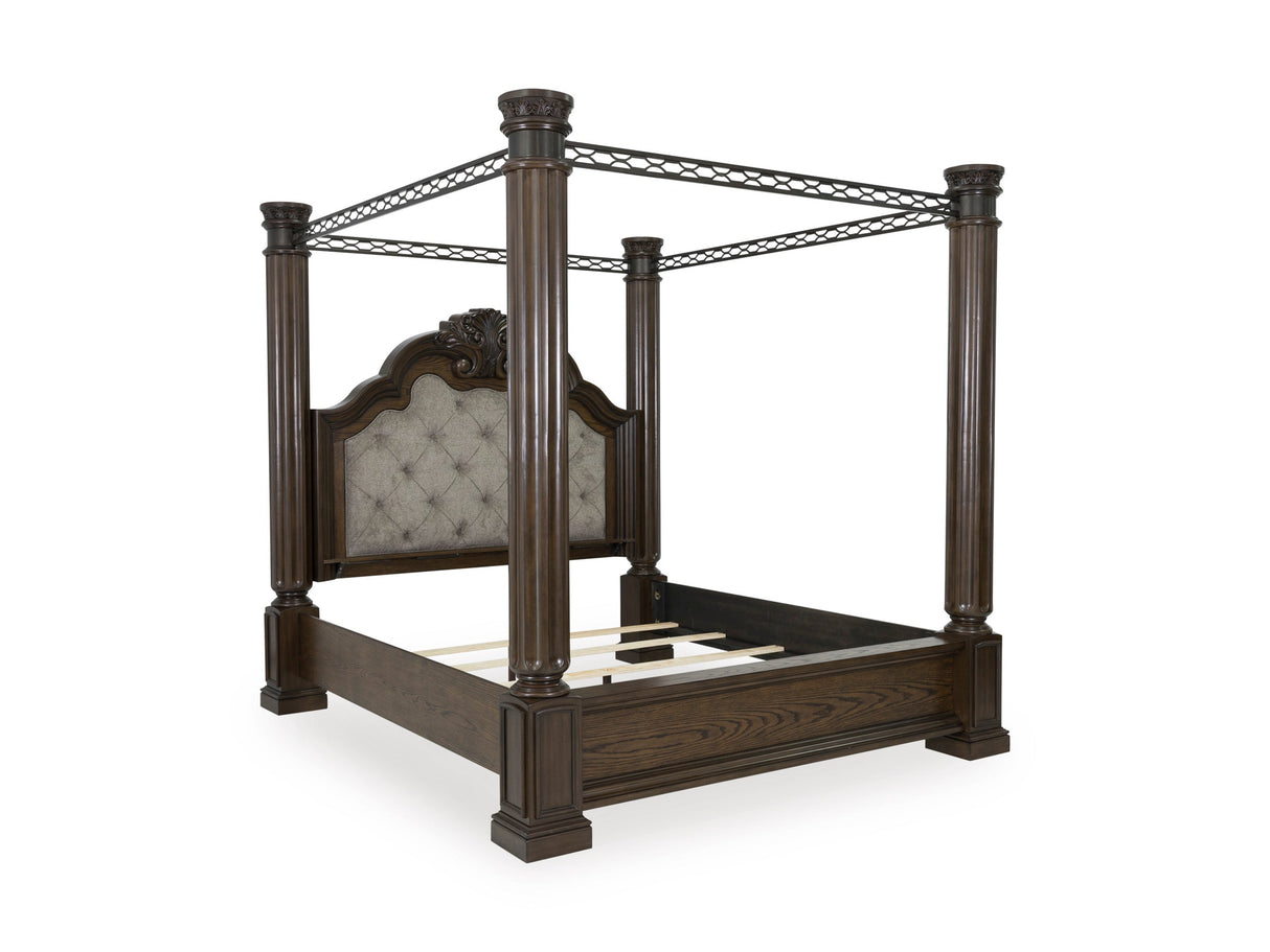 Maylee Dark Brown Upholstered Canopy Bedroom Set by Ashley at Eve Furniture