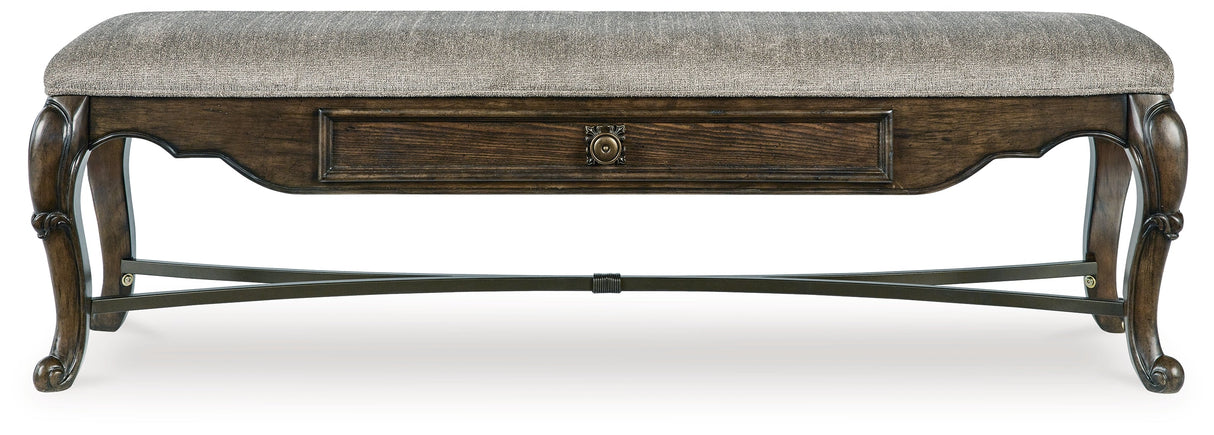 Maylee Dining Table and 6 Chairs and Bench with Storage in Dark Brown by Ashley at Eve Furniture