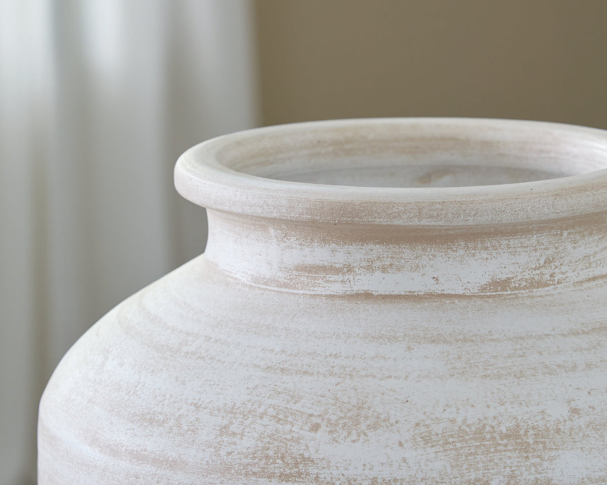 Meadie Distressed White Vase by Ashley at Eve Furniture