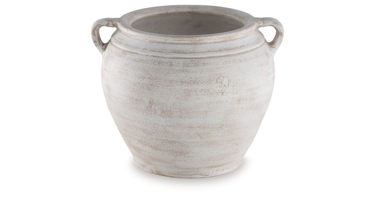 Meadie Distressed White Vase by Ashley at Eve Furniture