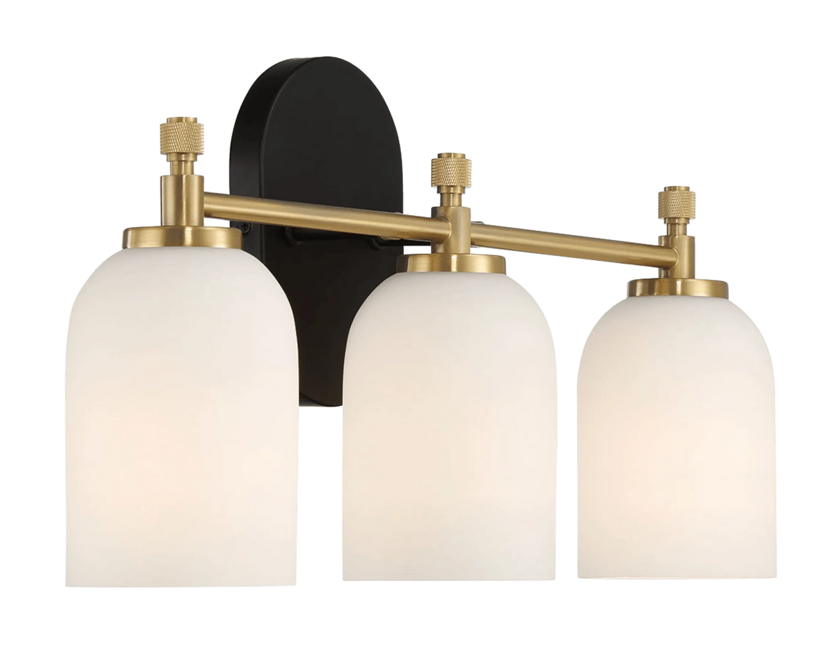 Meadows Three Lights Vanity Brushed Gold Bathroom Wall Light for Bathroom Over Mirror 20.5"W × 10.125"H × 5.5"E with White Frosted Glass by Ashcroft Furniture at Eve Furniture