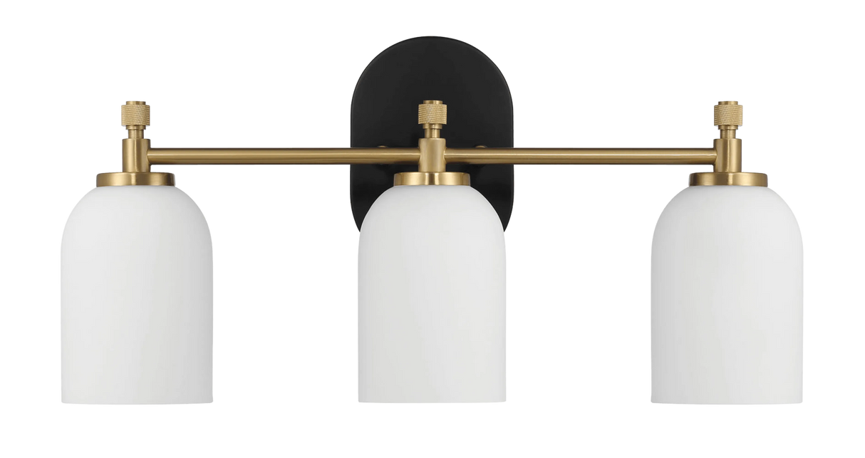 Meadows Three Lights Vanity Brushed Gold Bathroom Wall Light for Bathroom Over Mirror 20.5"W × 10.125"H × 5.5"E with White Frosted Glass by Ashcroft Furniture at Eve Furniture