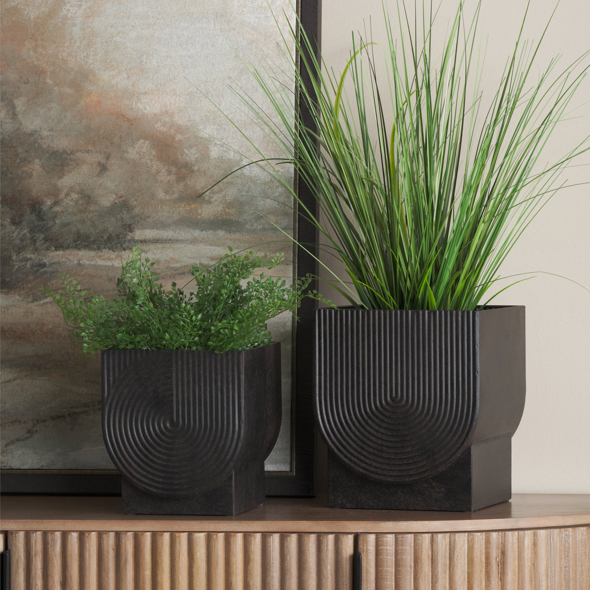 Medina Antiqued Black Metal Planters (Set of 2) by Mercana at Eve Furniture