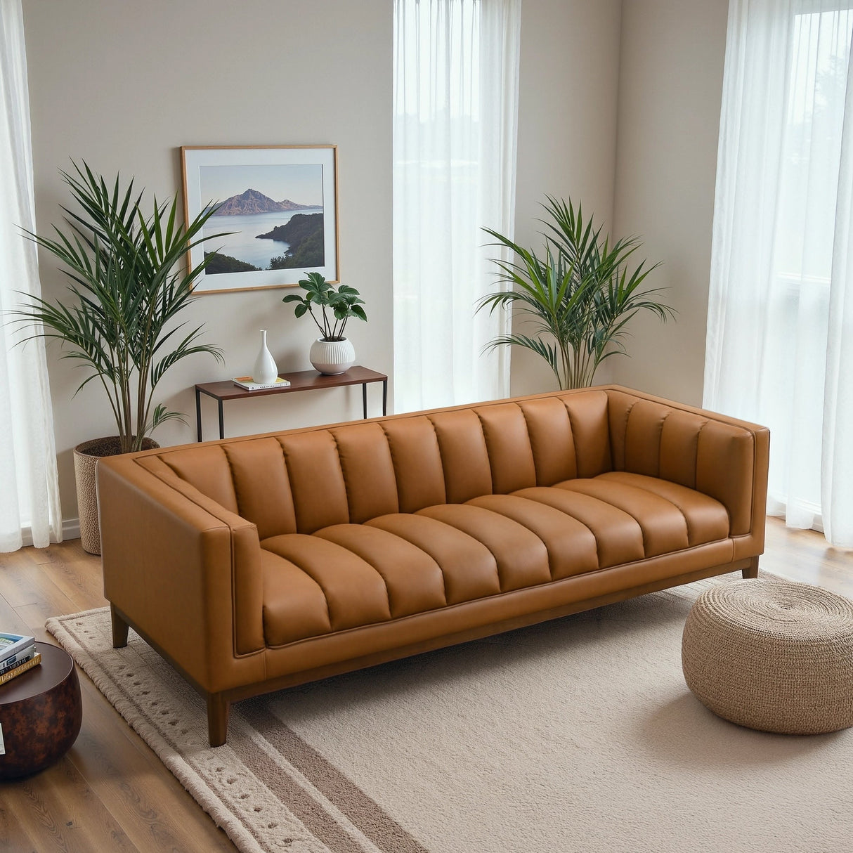 Melissa Mid-Century Cognac Vegan Leather Modern Sofa by Ashcroft Furniture at Eve Furniture