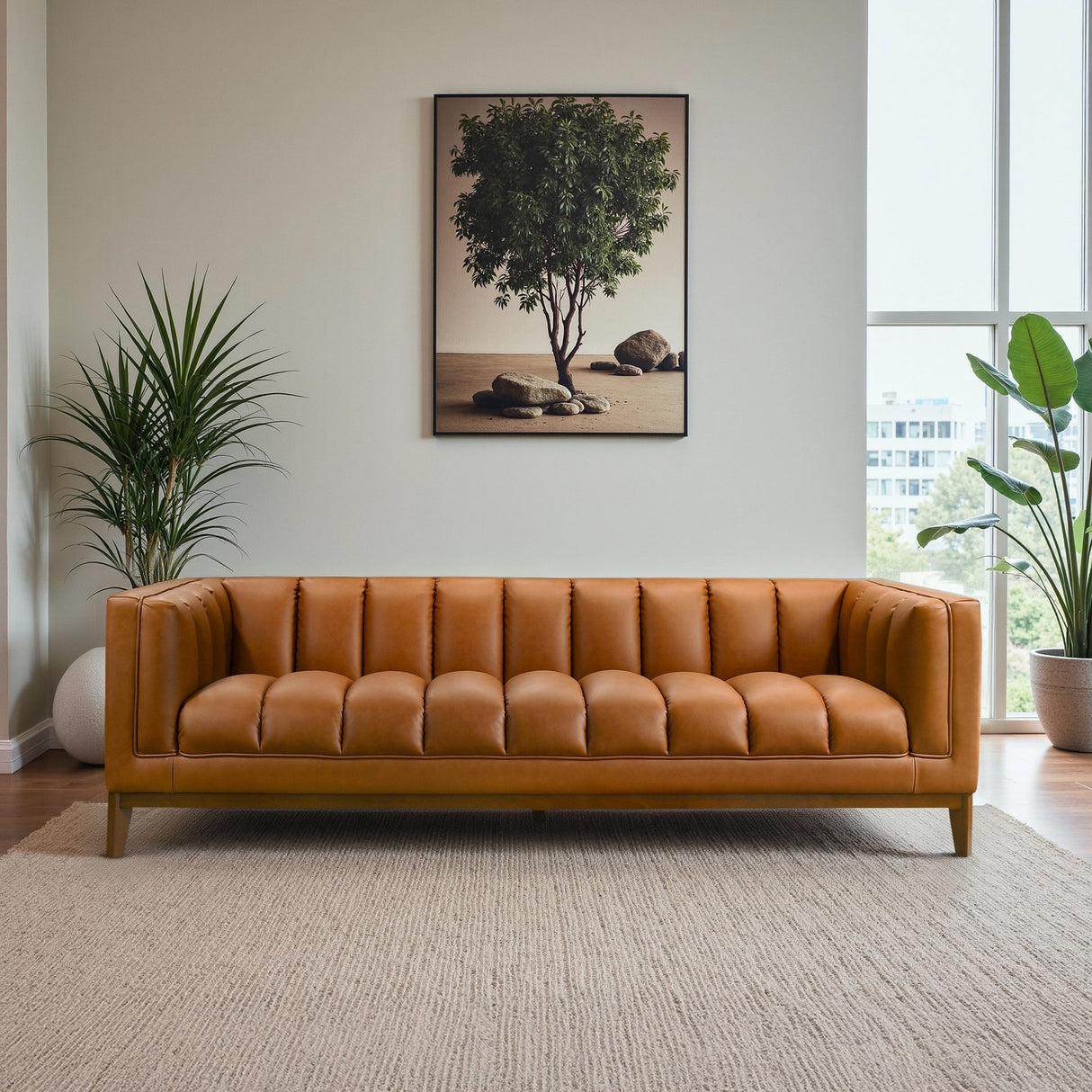 Melissa Mid-Century Cognac Vegan Leather Modern Sofa by Ashcroft Imports at Eve Furniture