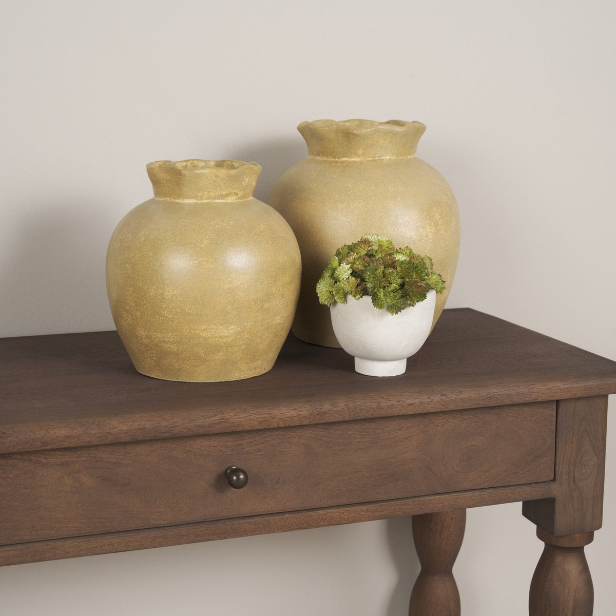 Melo Small Distressed Citron Yellow Ceramic Vase by Mercana at Eve Furniture