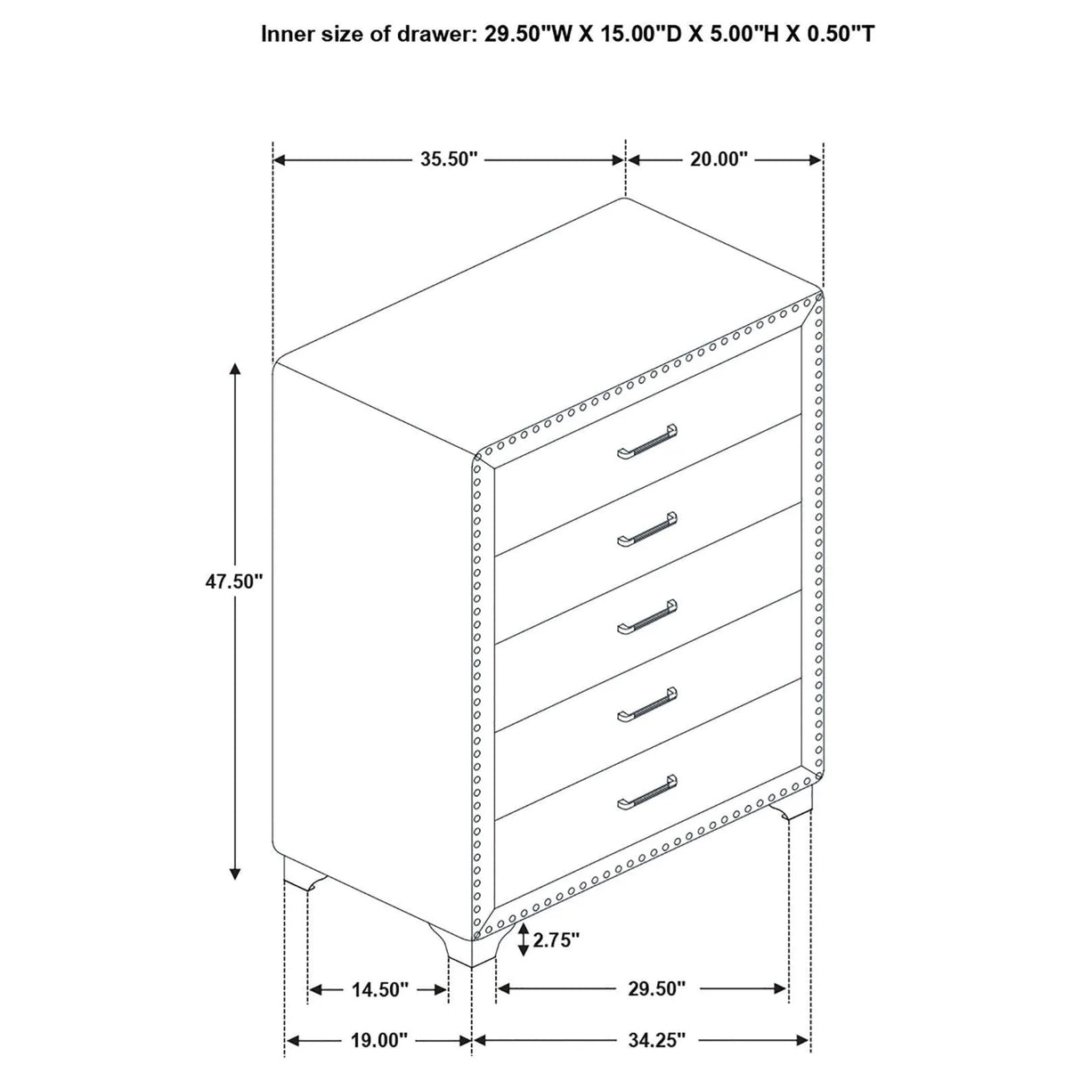 Melody 5-drawer Upholstered Chest Grey by Coaster at Eve Furniture