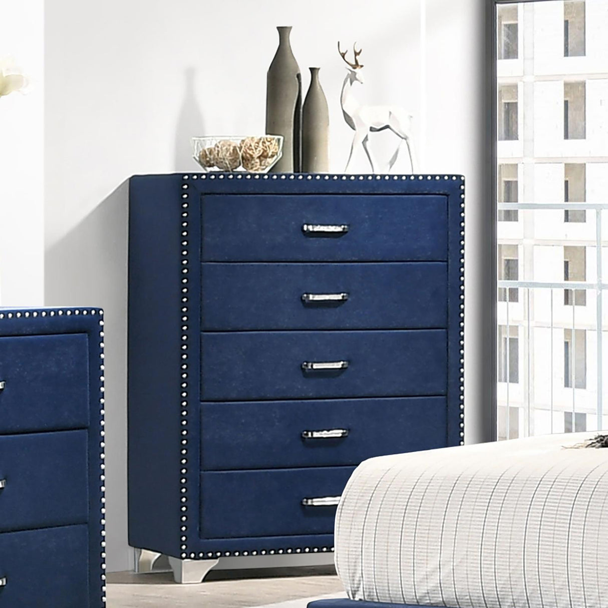Melody 5-drawer Upholstered Chest Pacific Blue by Coaster at Eve Furniture