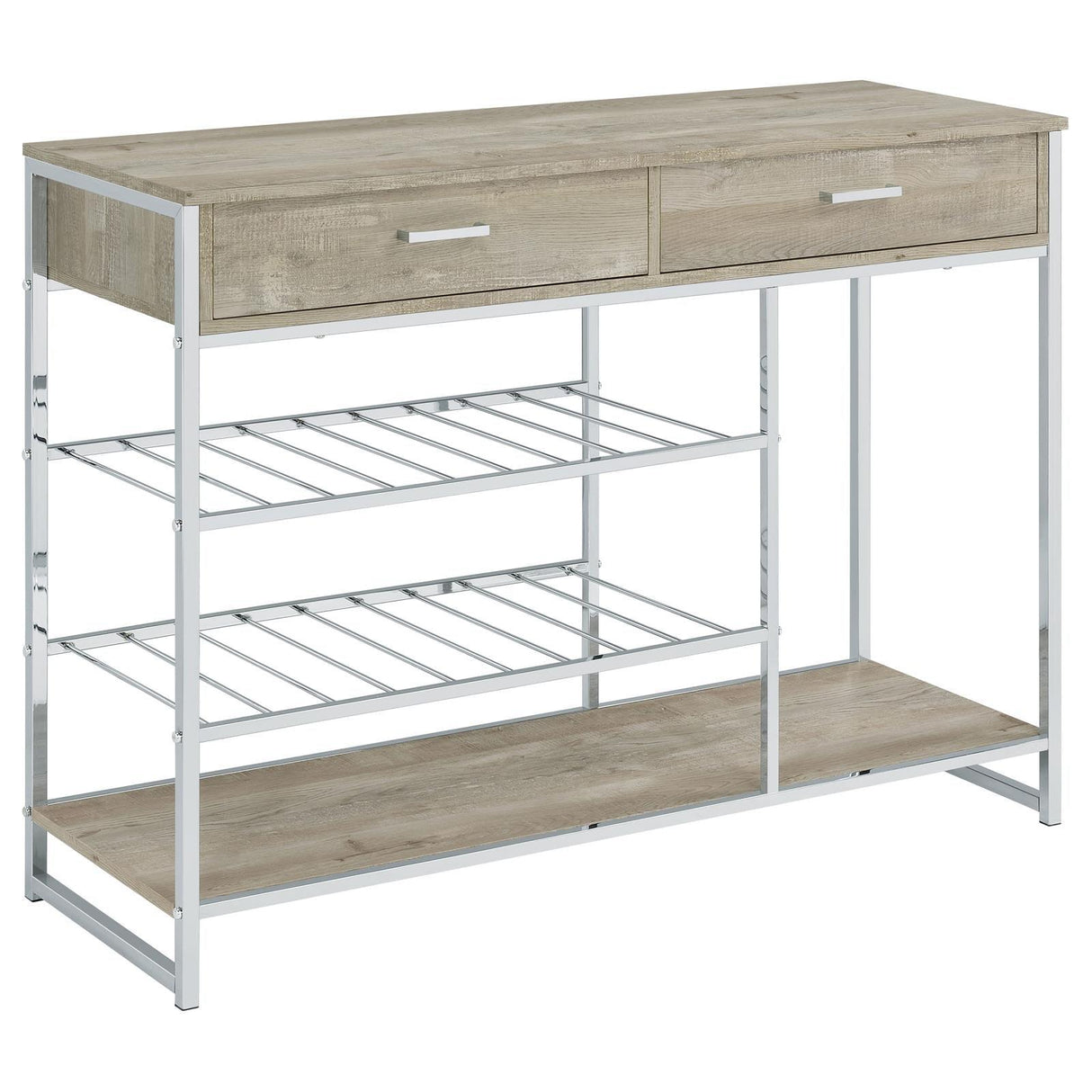 Melrose Gray Washed Oak and Chrome 2-shelf Wine Cabinet with 2 Drawers by Coaster at Eve Furniture