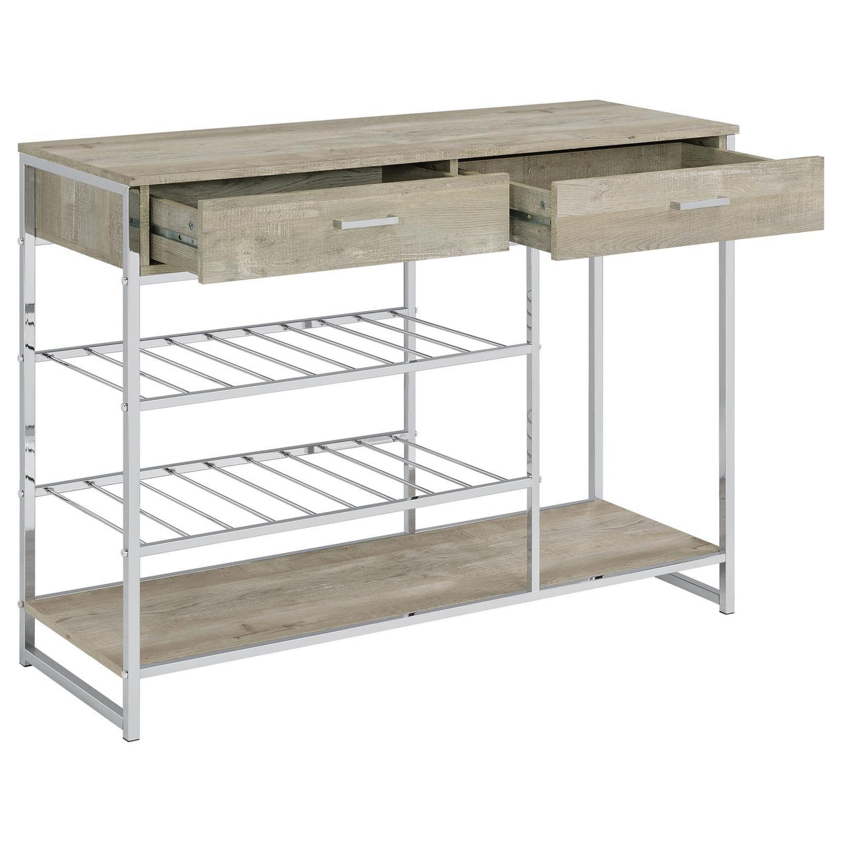 Melrose Gray Washed Oak and Chrome 2-shelf Wine Cabinet with 2 Drawers by Coaster at Eve Furniture