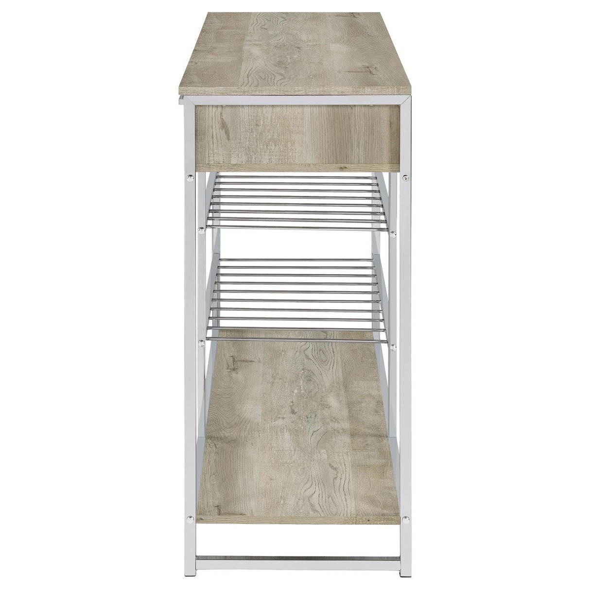 Melrose Gray Washed Oak and Chrome 2-shelf Wine Cabinet with 2 Drawers by Coaster at Eve Furniture