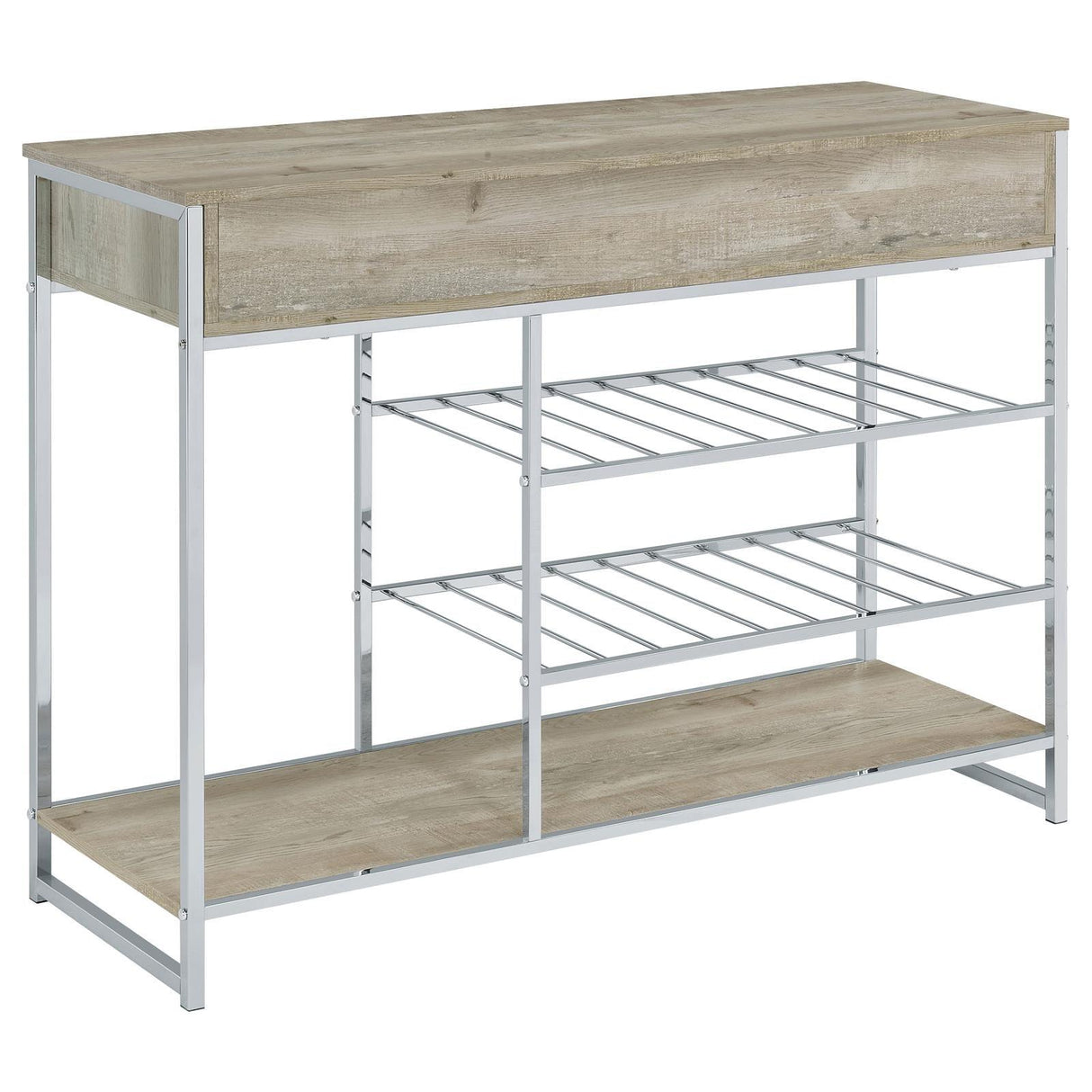 Melrose Gray Washed Oak and Chrome 2-shelf Wine Cabinet with 2 Drawers by Coaster at Eve Furniture