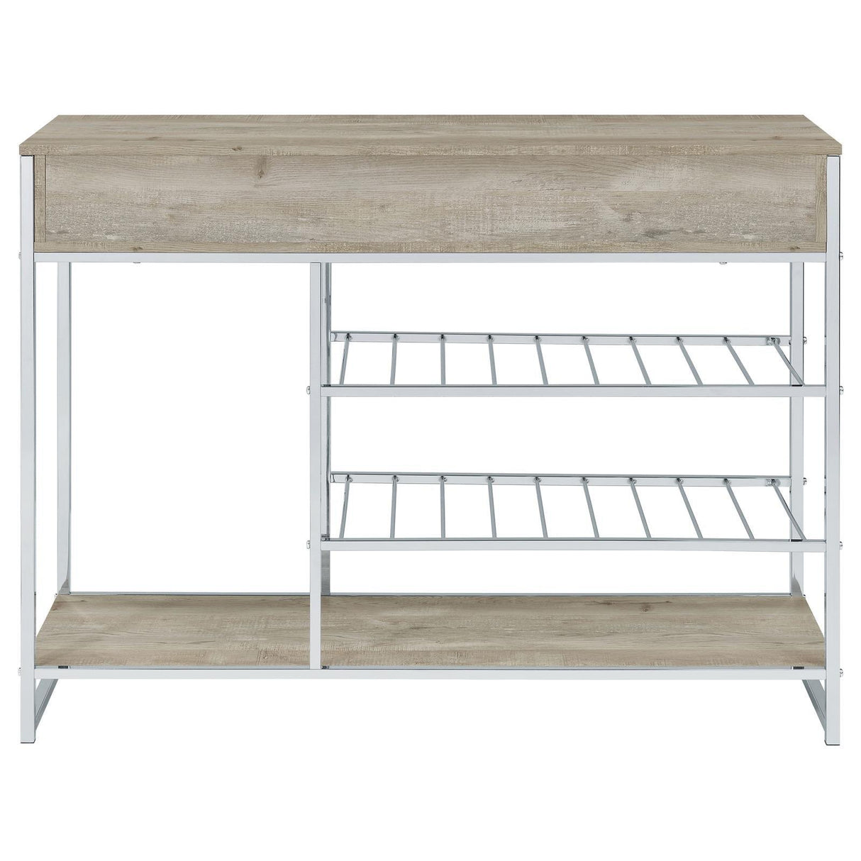 Melrose Gray Washed Oak and Chrome 2-shelf Wine Cabinet with 2 Drawers by Coaster at Eve Furniture