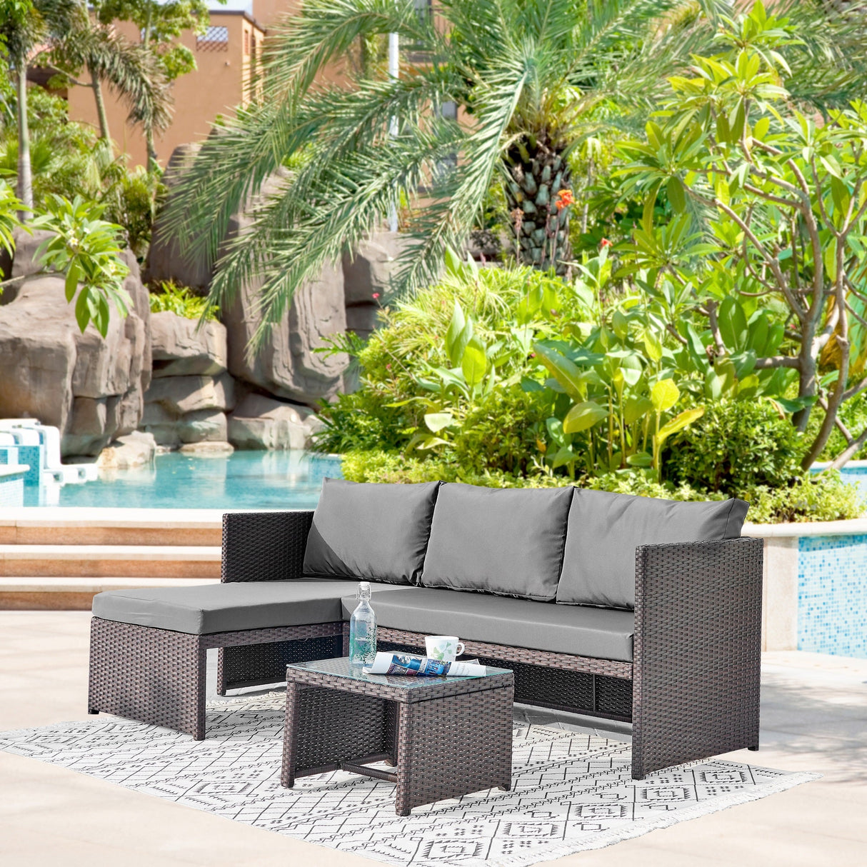 Menton Patio 2-Seater and Lounge Chair with Coffee Table with Grey Cushions by Manhattan Comfort at Eve Furniture