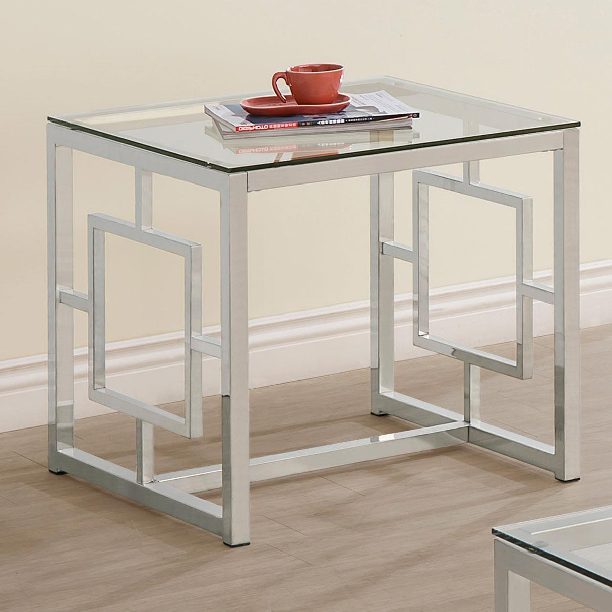 Merced Nickel Square Tempered Glass Top End Table by Coaster at Eve Furniture