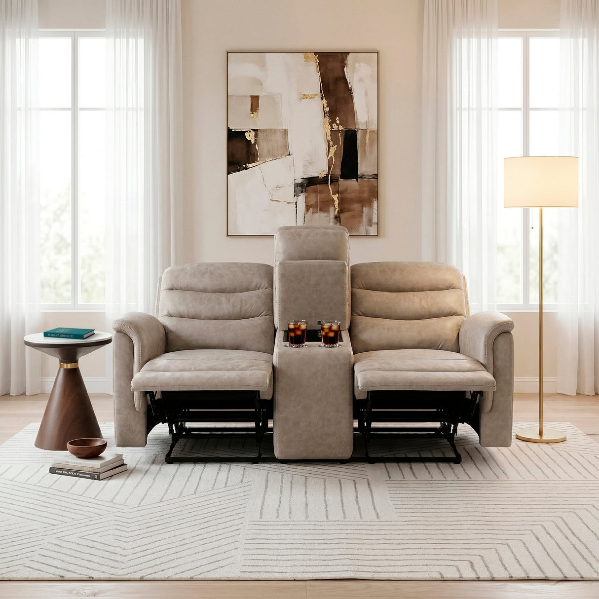 Metric Taupe Double Glider Reclining Loveseat with Center Console by Homelegance at Eve Furniture