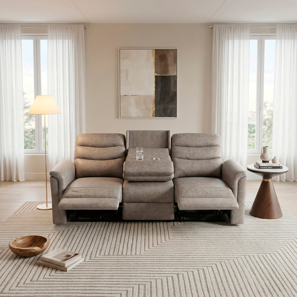 Metric Taupe Double Reclining Sofa with Drop-down Cup Holders by Homelegance at Eve Furniture