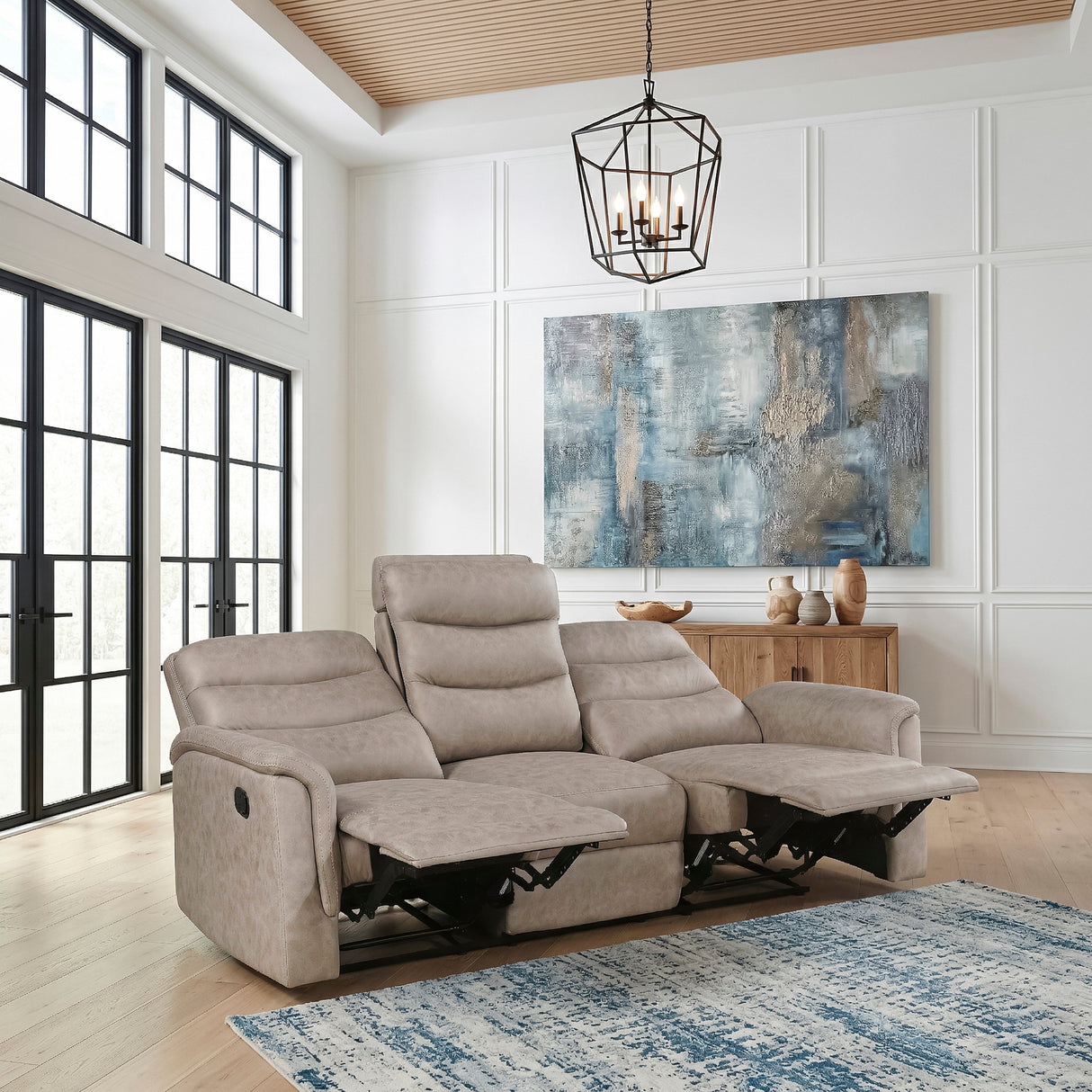 Metric Taupe Double Reclining Sofa with Drop-down Cup Holders by Homelegance at Eve Furniture