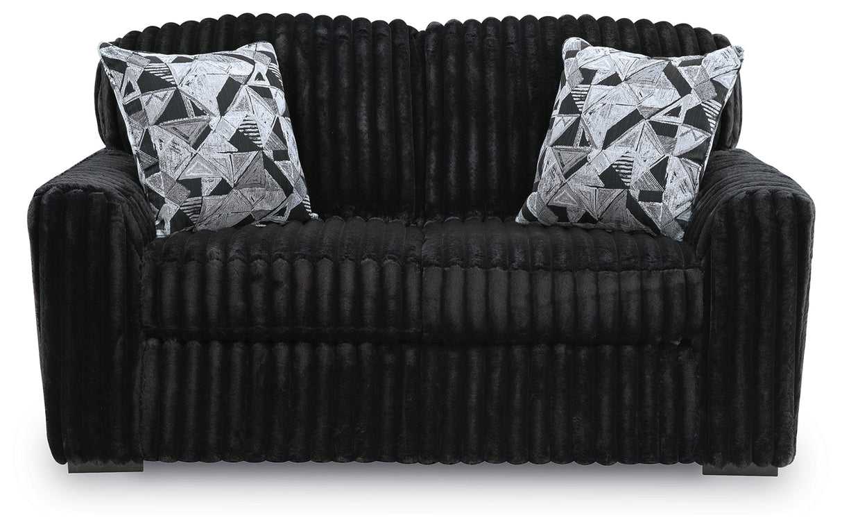 Midnight-Madness Onyx Sofa, Loveseat and Oversized Ottoman by Ashley at Eve Furniture