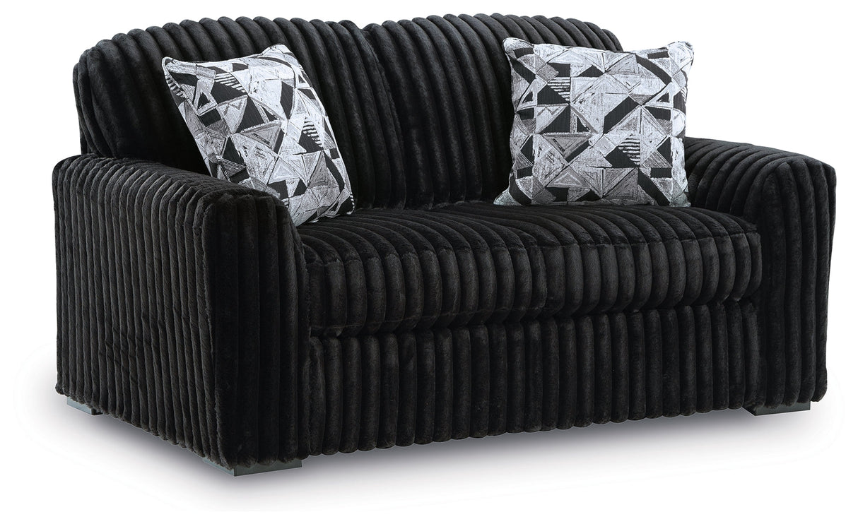 Midnight-Madness Onyx Sofa, Loveseat and Oversized Ottoman by Ashley at Eve Furniture