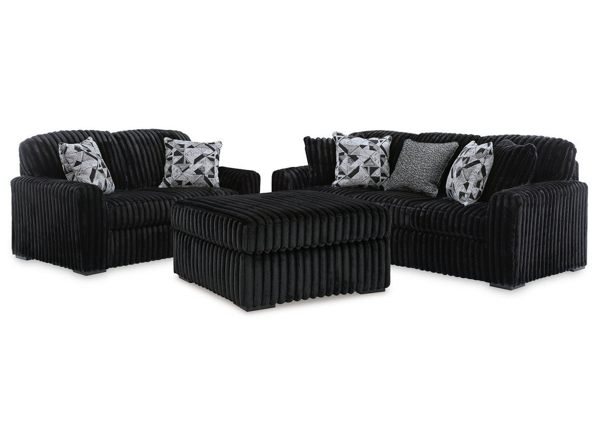 Midnight-Madness Onyx Sofa, Loveseat and Oversized Ottoman by Ashley at Eve Furniture