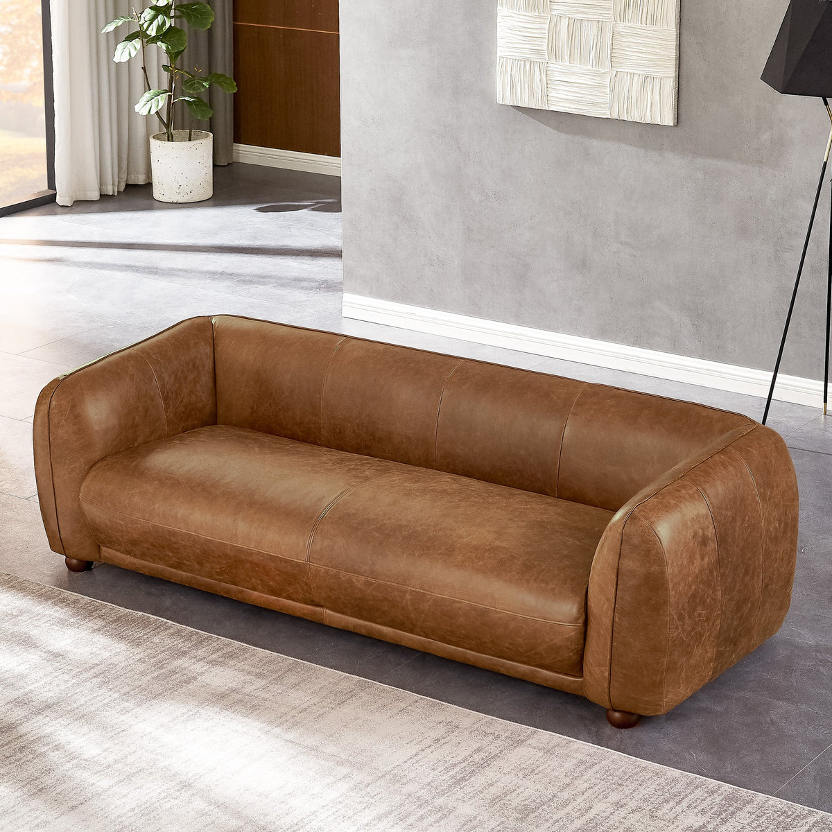 Mila Mid-Century Modern Brown Genuine Leather Sofa by Ashcroft Furniture at Eve Furniture