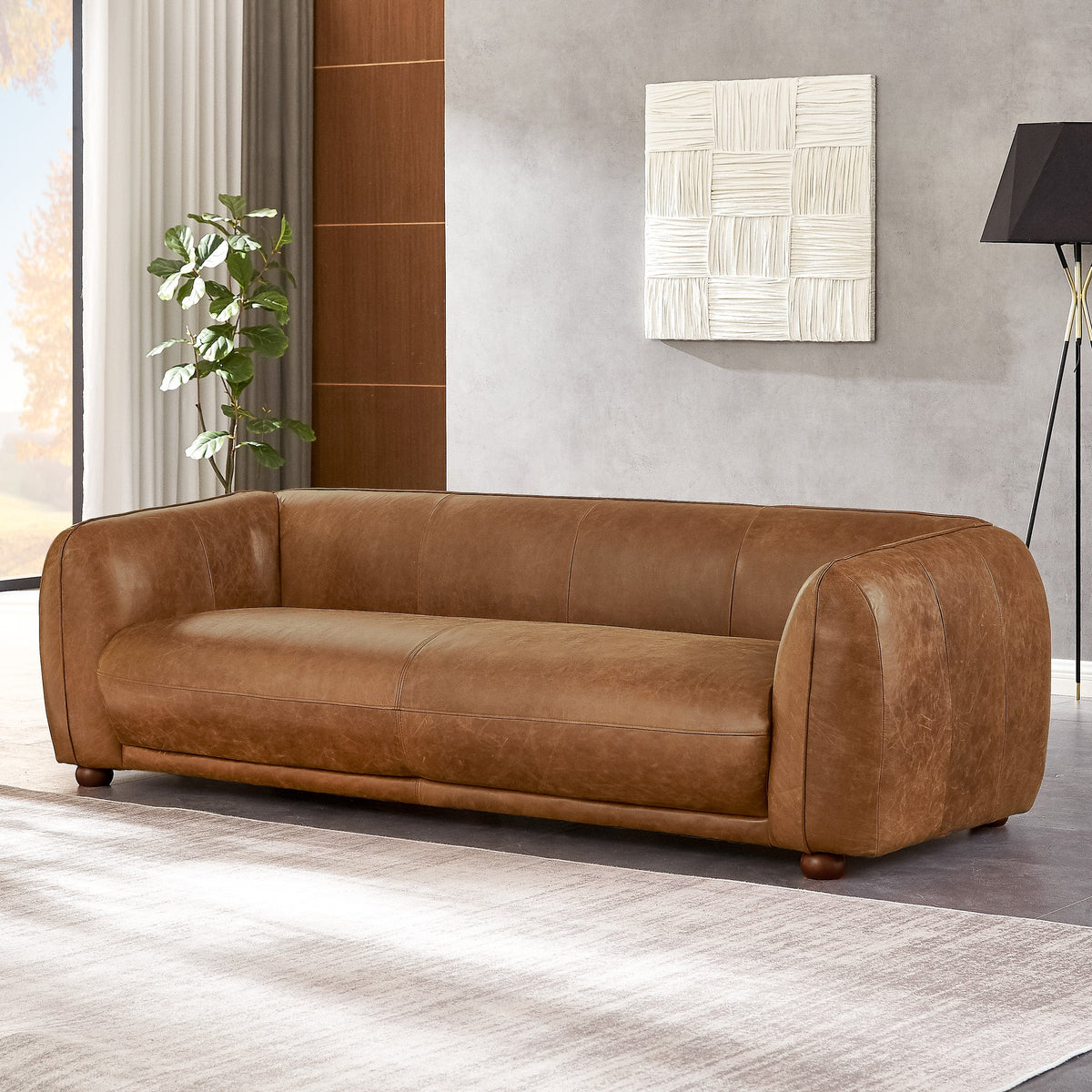 Mila Mid-Century Modern Brown Genuine Leather Sofa by Ashcroft Furniture at Eve Furniture