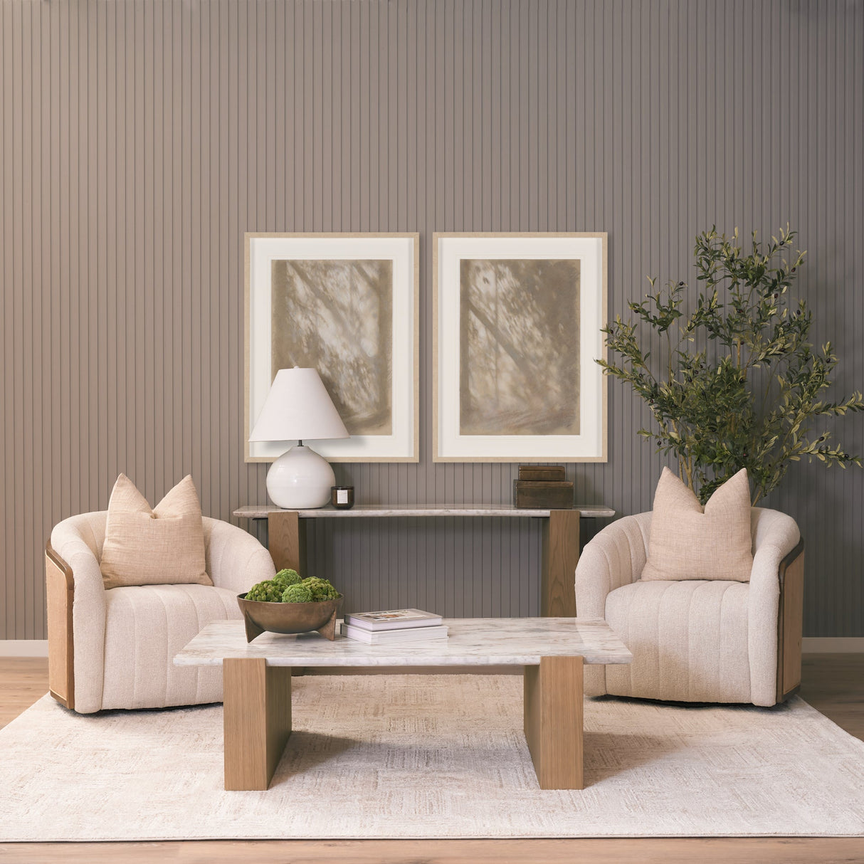 Milos Pink Marble Top w/ Light Brown Oak Wood Coffee Table by Mercana at Eve Furniture