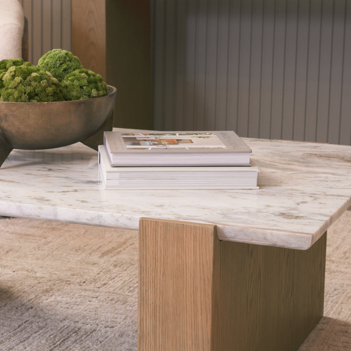 Milos Pink Marble Top w/ Light Brown Oak Wood Coffee Table by Mercana at Eve Furniture