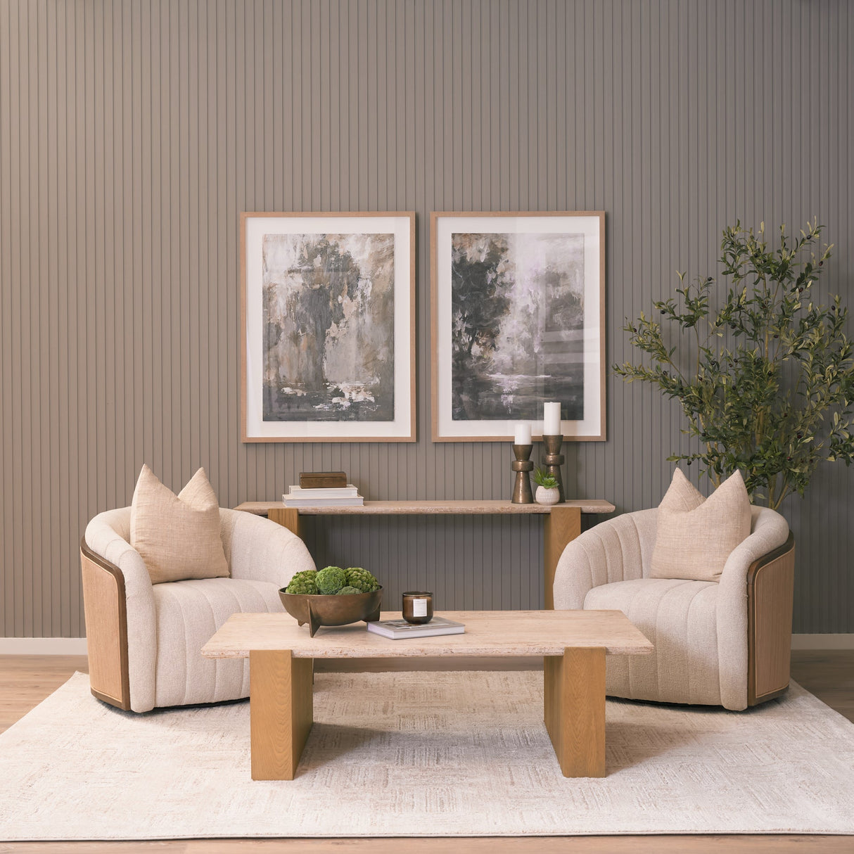 Milos Travertine Top w/ Light Brown Oak Wood Coffee Table by Mercana at Eve Furniture