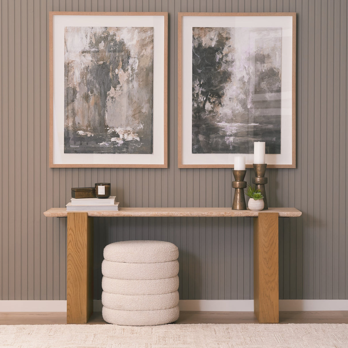Milos Travertine Top w/ Light Brown Oak Wood Console Table by Mercana at Eve Furniture