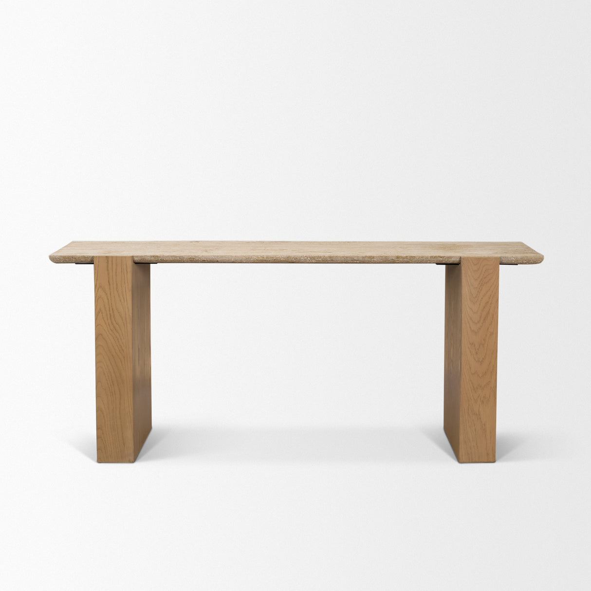 Milos Travertine Top w/ Light Brown Oak Wood Console Table by Mercana at Eve Furniture