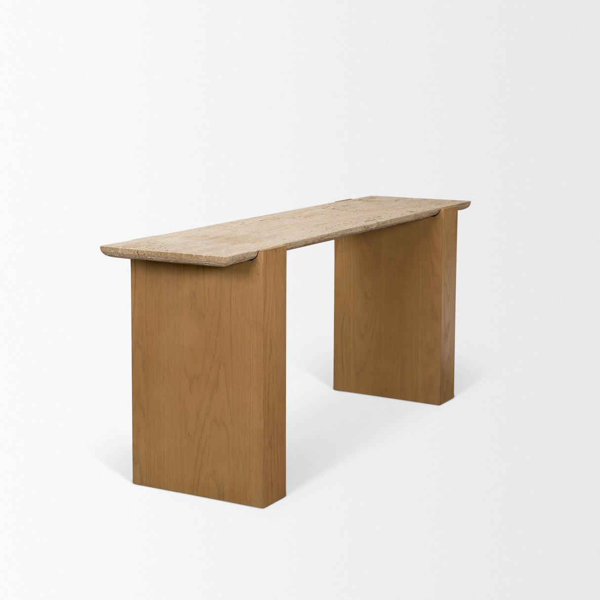 Milos Travertine Top w/ Light Brown Oak Wood Console Table by Mercana at Eve Furniture