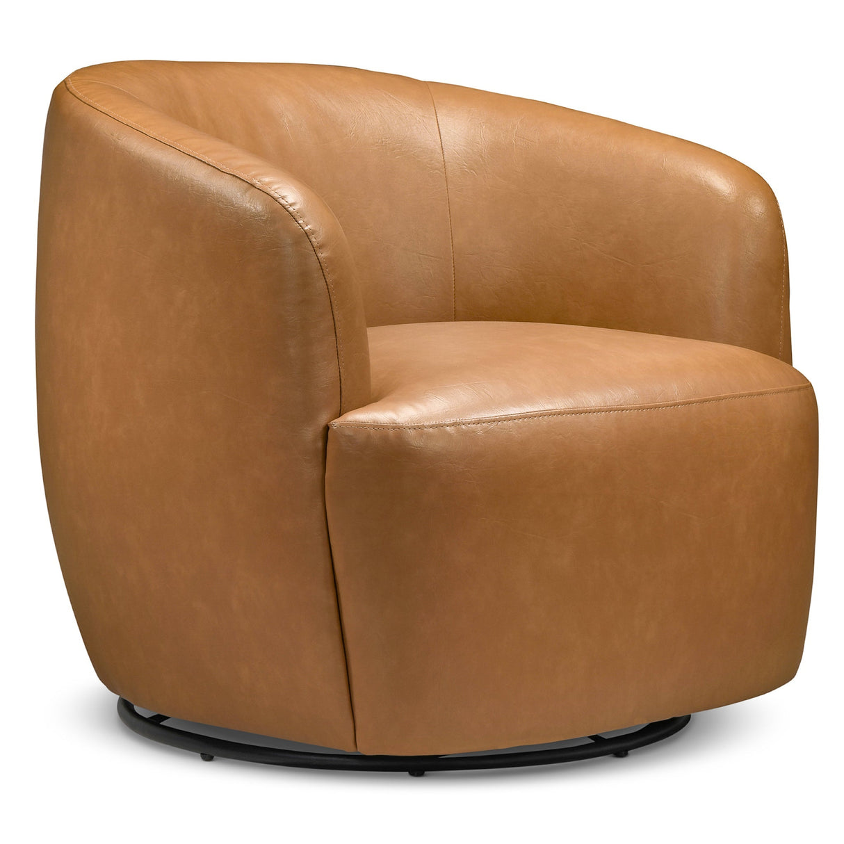 Mina 32" W Tan Vegan Leather Upholstered Swivel Barrel Chair by Ashcroft Imports at Eve Furniture