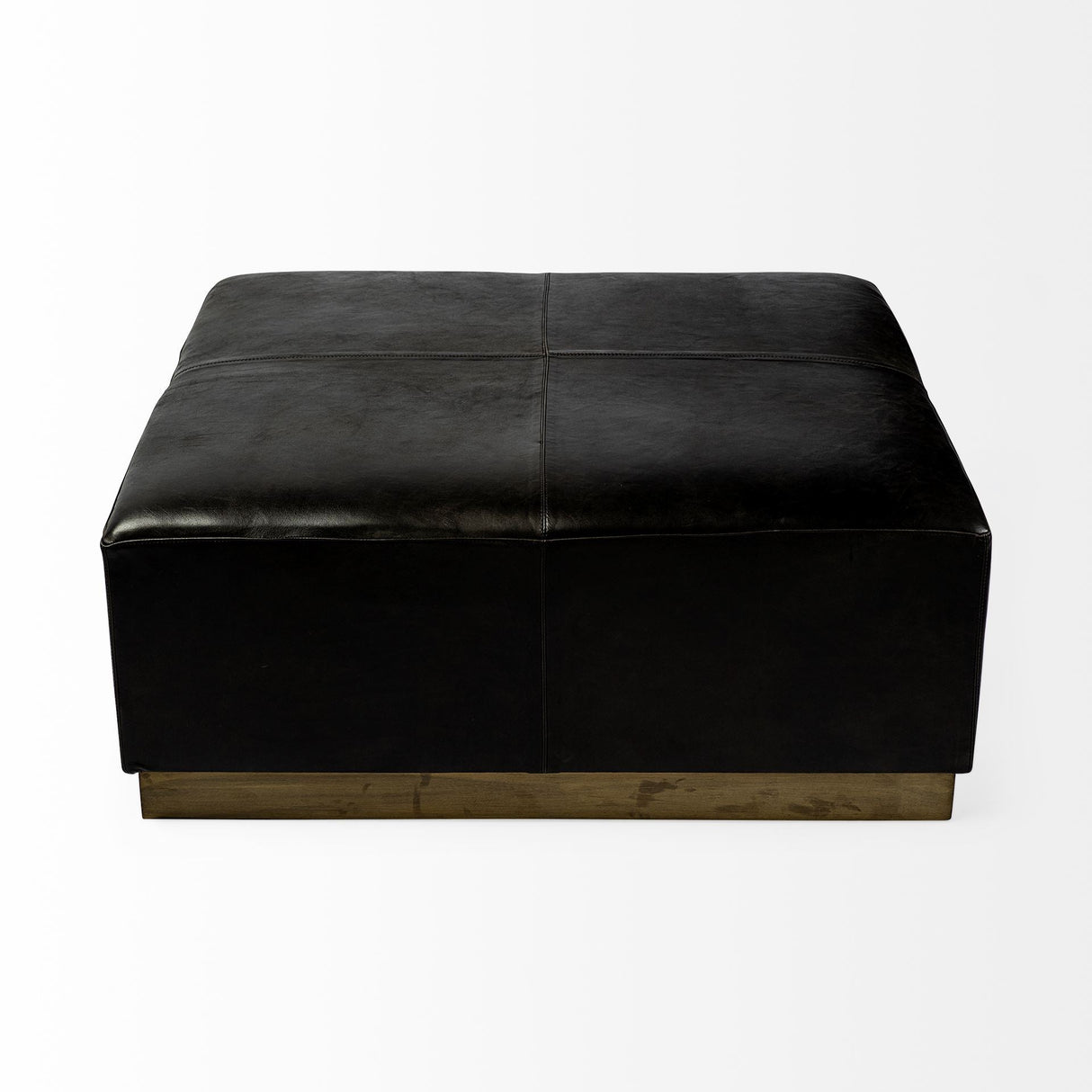 Minara Square Black Leather Wrapped w/Metal Base Ottoman by Mercana at Eve Furniture
