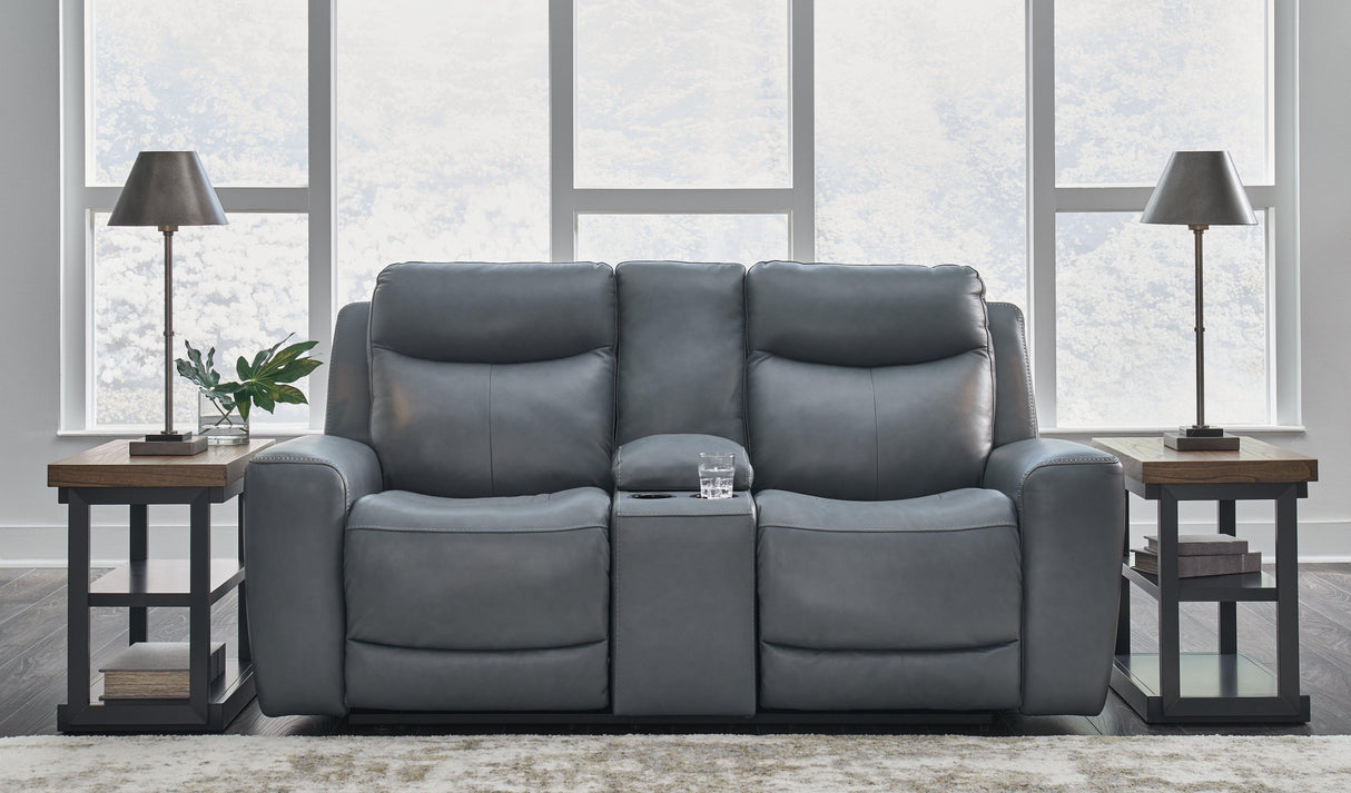 Mindanao Steel Dual Power Leather Reclining Loveseat with Console by Ashley at Eve Furniture
