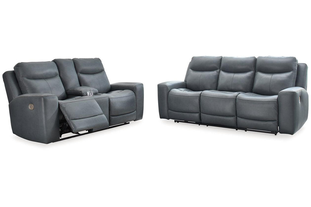 Mindanao Steel Dual Power Leather Reclining Sofa and Loveseat by Ashley at Eve Furniture