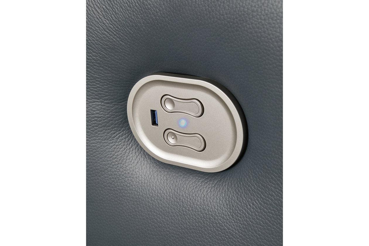 Mindanao Steel Dual Power Leather Reclining Sofa and Loveseat by Ashley at Eve Furniture