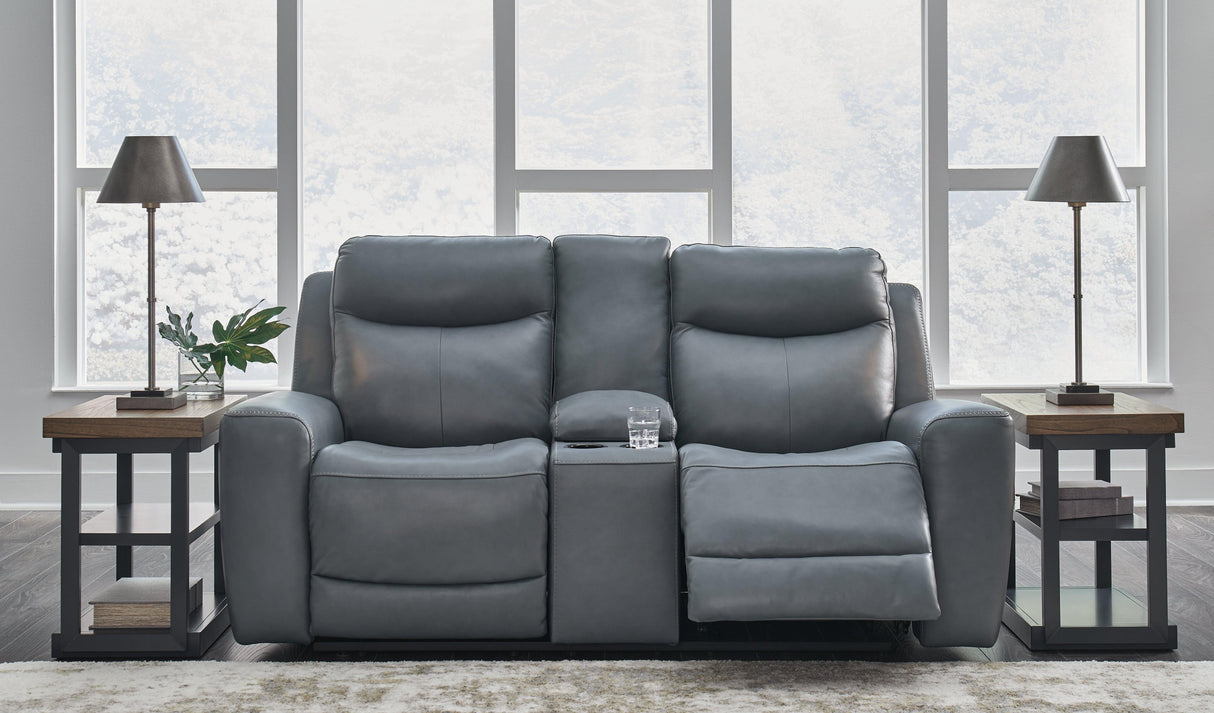 Mindanao Steel Dual Power Leather Reclining Loveseat with Console by Ashley at Eve Furniture