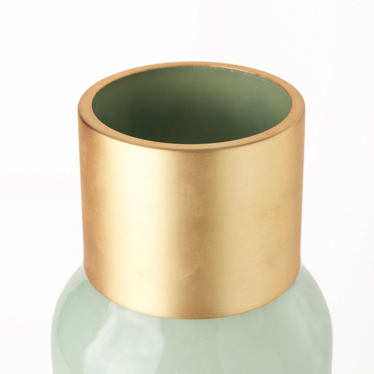 Minty 5.7L x 5.7W x 16.8H Green Glass Vase W/Matte Gold Metal Neck Cuff by Mercana at Eve Furniture