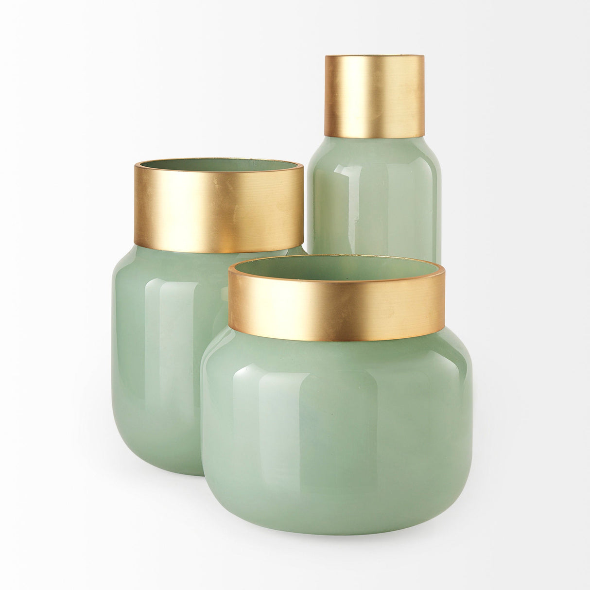 Minty 9.9L x 9.9W x 9.6H Green Glass Vase W/Matte Gold Metal Neck Cuff by Mercana at Eve Furniture