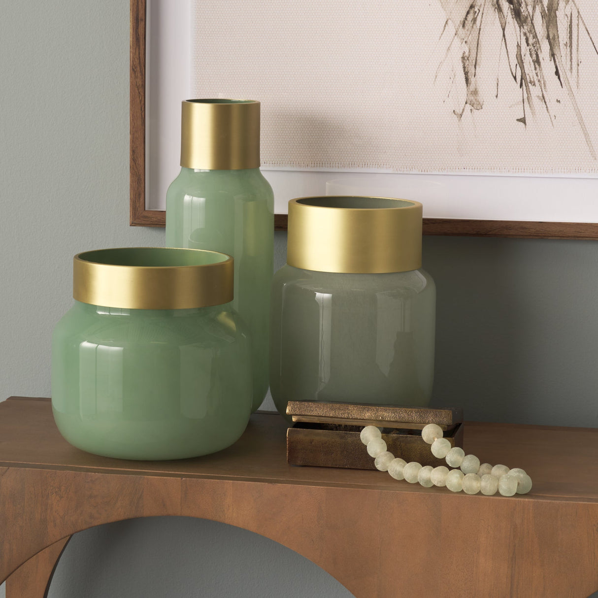 Minty 9.9L x 9.9W x 9.6H Green Glass Vase W/Matte Gold Metal Neck Cuff by Mercana at Eve Furniture