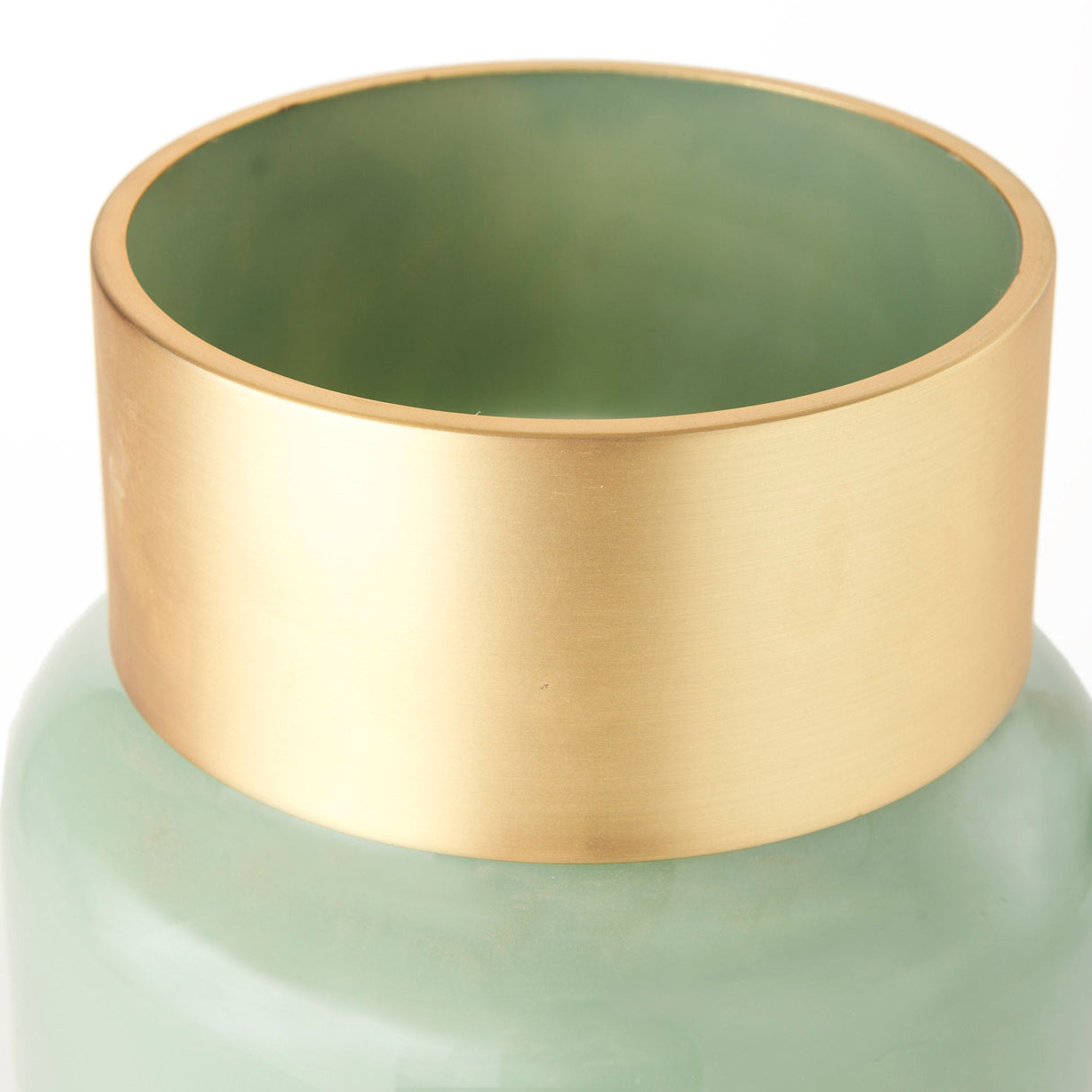 Minty Medium 8.7L x 8.7W x 12.4H Green Glass Vase W/Matte Gold Metal Neck Cuff by Mercana at Eve Furniture
