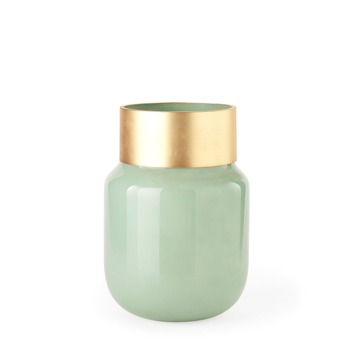 Minty Medium 8.7L x 8.7W x 12.4H Green Glass Vase W/Matte Gold Metal Neck Cuff by Mercana at Eve Furniture