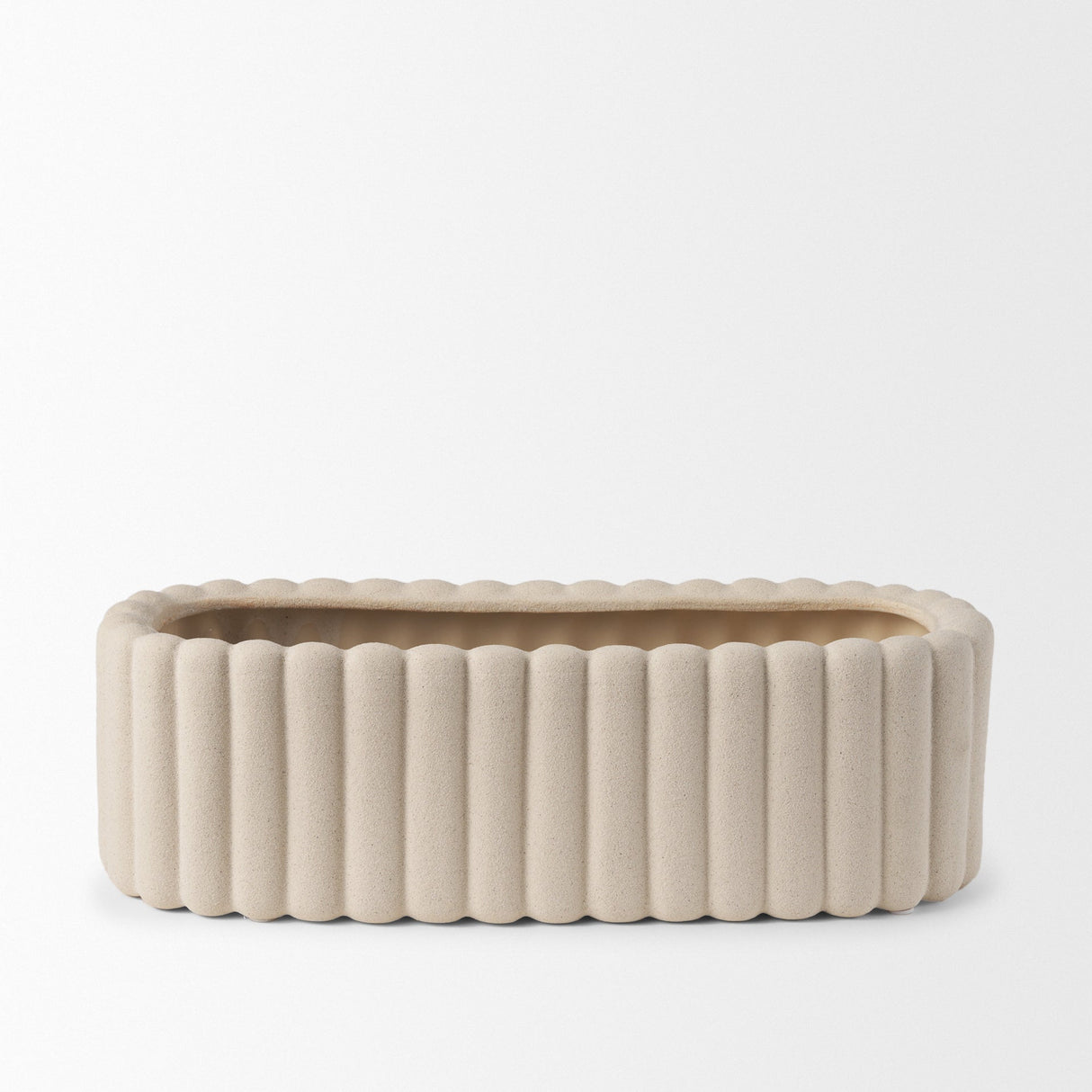 Mira Wide Textured Blush Beige Fluted Ceramic Vase by Mercana at Eve Furniture